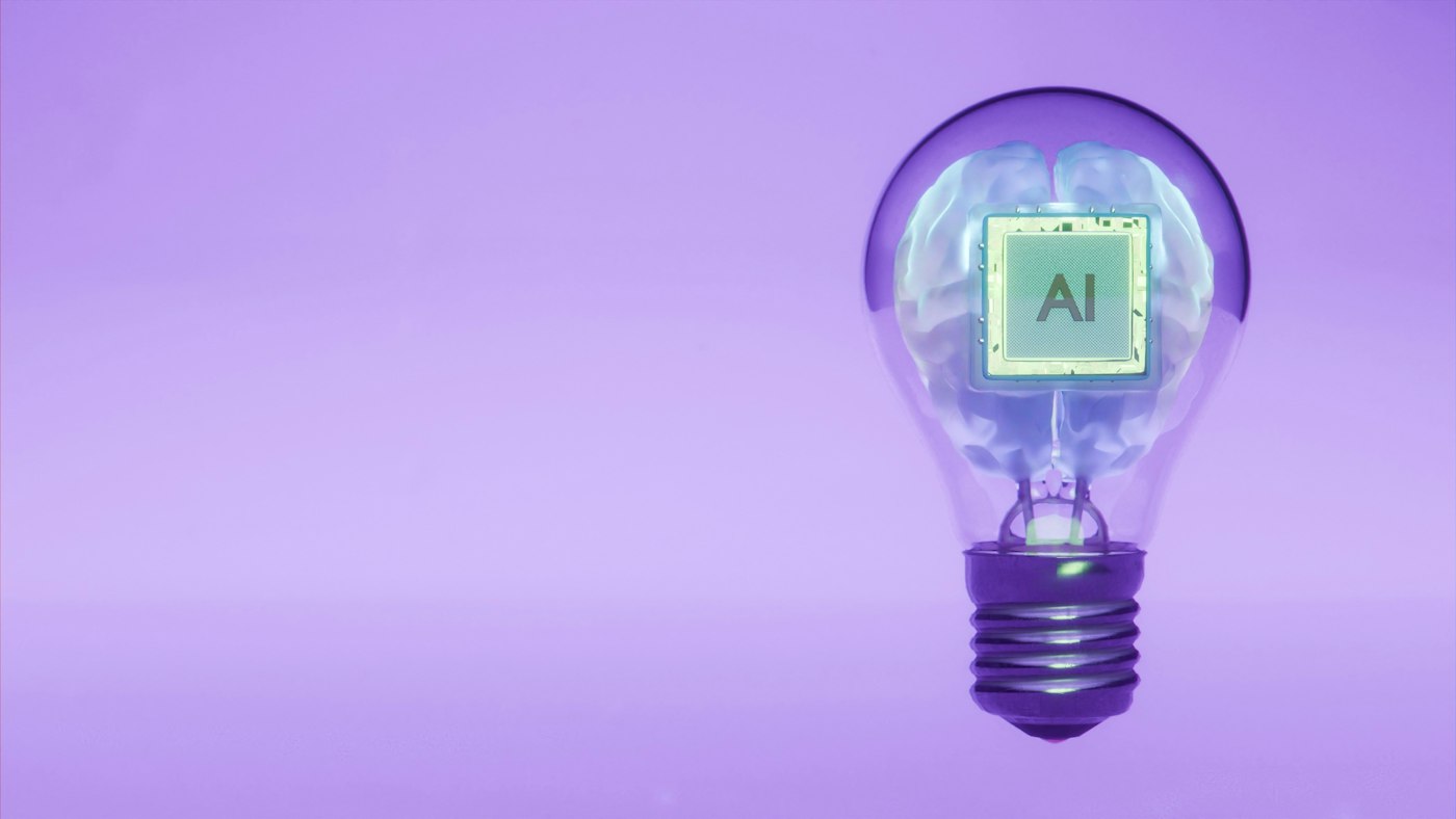Ai brain inside a lightbulb illustrates an idea